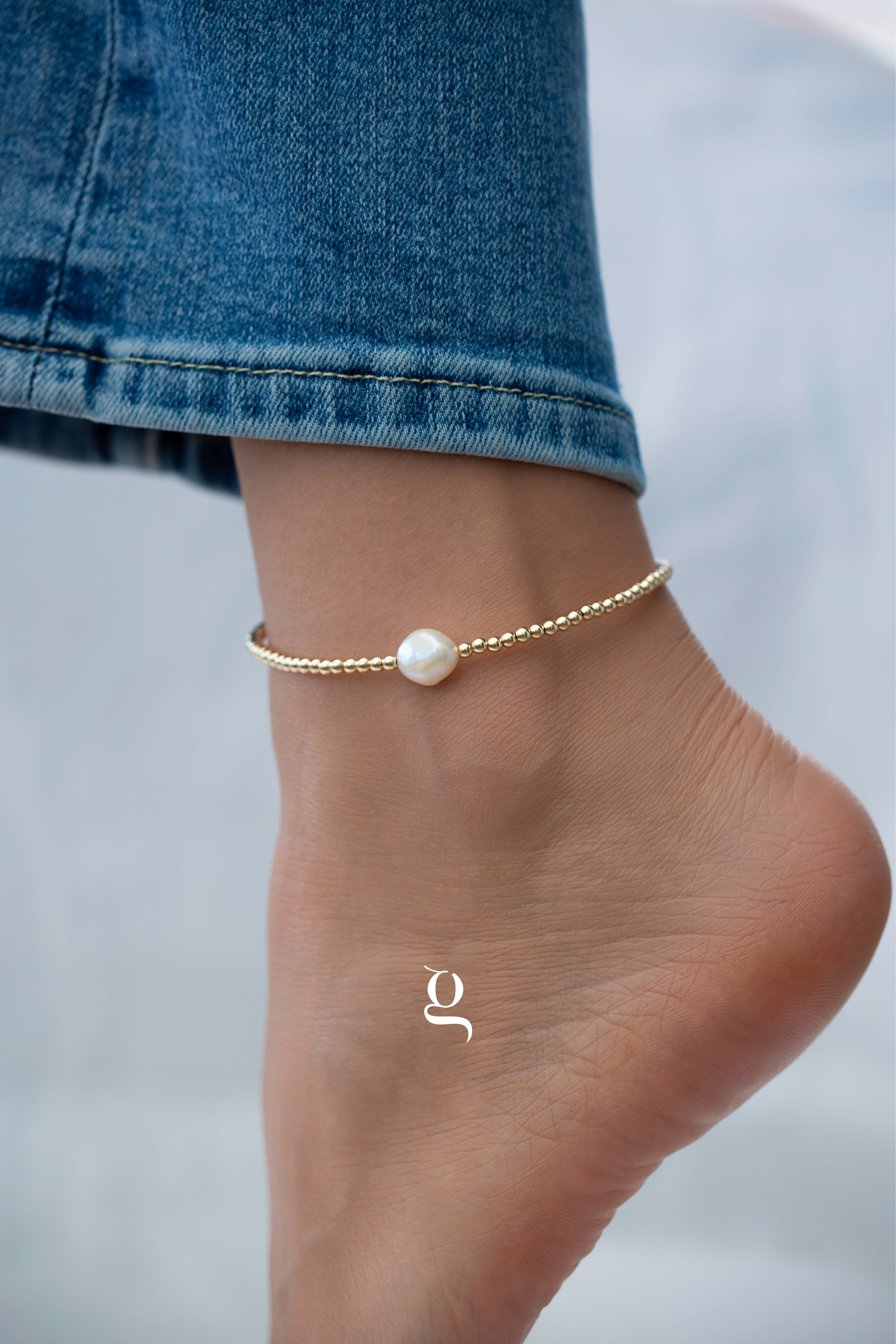 Big Pearl & Small Gold Balls Anklet - Goldside Jewelry