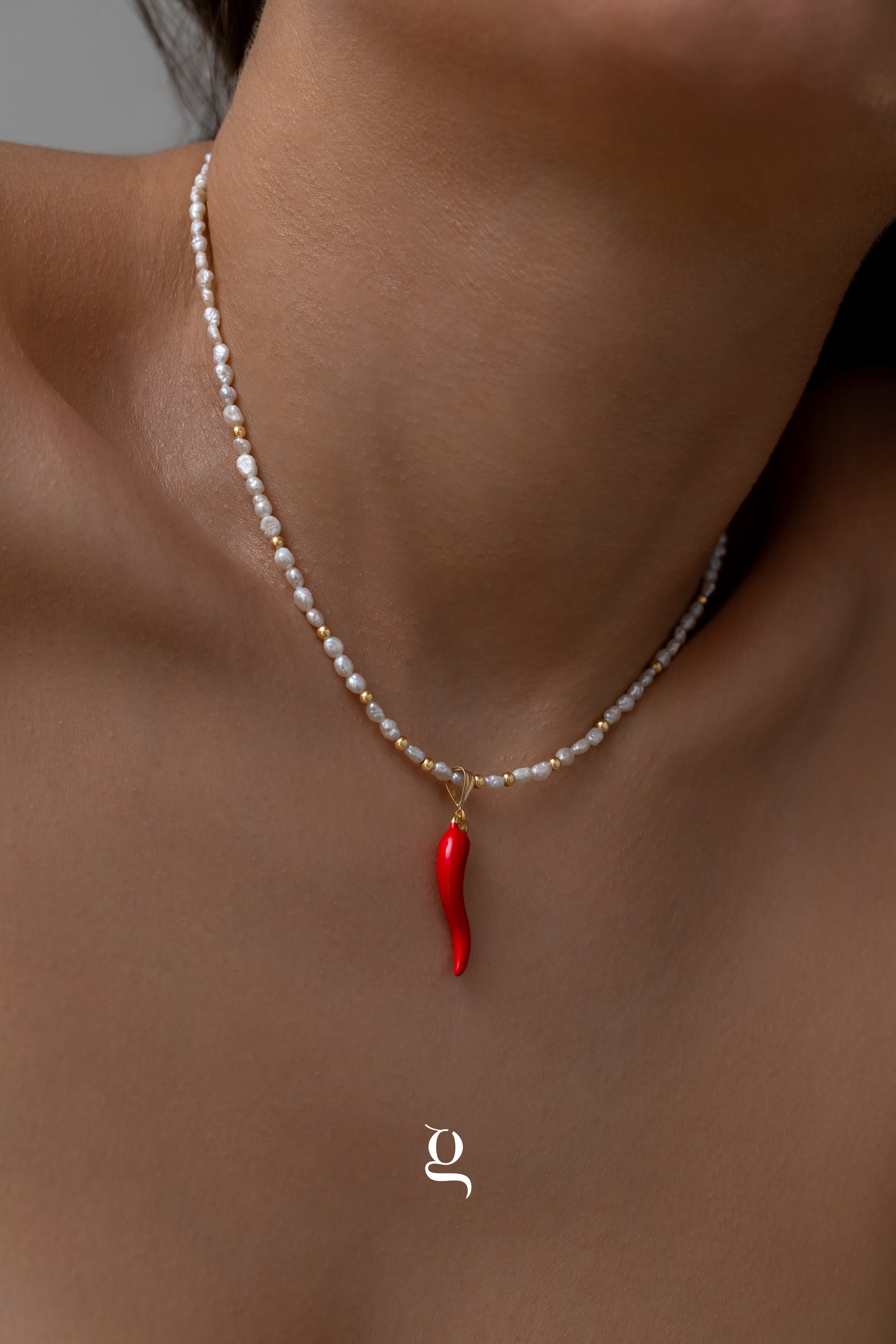 Pearl & Red Chili Pendant Necklace