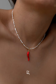 Pearl & Red Chili Pendant Necklace