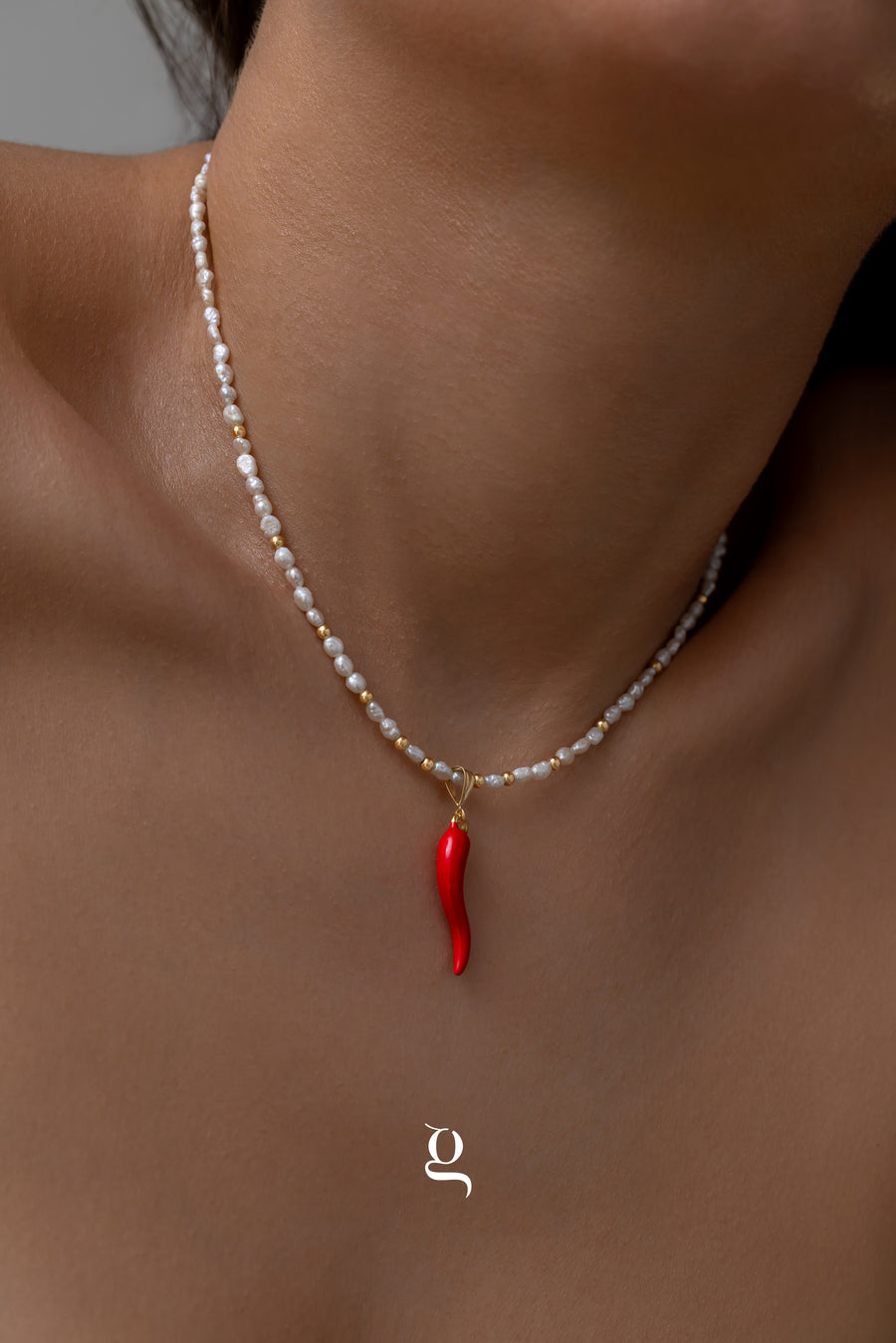 Pearl & Red Chili Pendant Necklace
