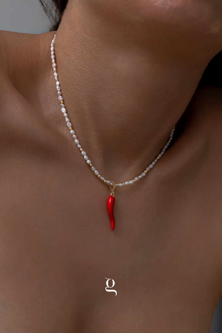 Pearl & Red Chili Pendant Necklace